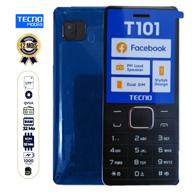 Téléphone Tecno T101 - 1,77" - Dual Sim avec caméra - Bluetooth et Radio FM - 1000 mAh - Garantie 12 Mois