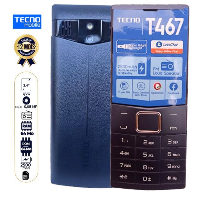 Téléphone Tecno T467 - 2.4" - Radio FM - 2500 mAh - Triple Sim - Garantie 12 Mois