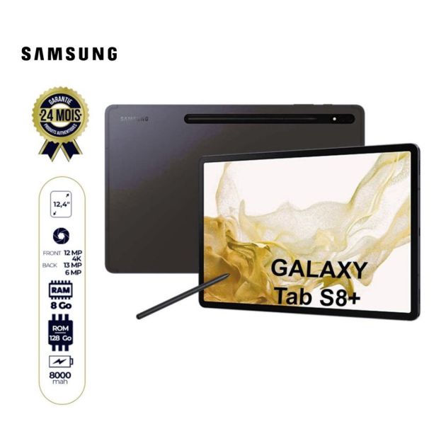 Tablette Samsung Galaxy Tab S8 Plus  Wifi + 5G - 12.4" - 128Go/8Go - 13MP+6MP 4K/12MP 4K - 10090 mAh - Garantie : 24 mois