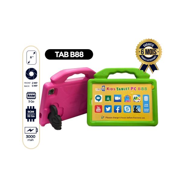 Tablette pour enfant - bébé TAB B88 - 8" - 32Go/3 Go Ram - 2 MP/5 MP - Dual Sim - 3000mAh - 6 mois de garantie