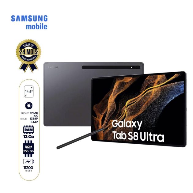 Tablette Samsung Galaxy Tab S8 Ultra Wifi - 14.6" - 256 Go/12Go - 13MP - 11200mAh - 24 mois de garantie