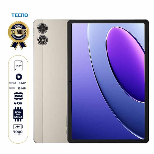 Tablette Tecno Megapad - 128 Go - 4Go RAM - 10,1" - 7000mAh - 1 Nano SIM - 13 MP/5MP - Garantie 12 mois