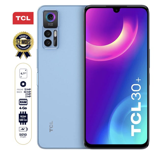 TCL 30+ Smartphone - 6,7" - 2 Sim - 128 Go/4 Go Ram - 50MP/13MP - 5010 mAh - 12 mois  de garantie