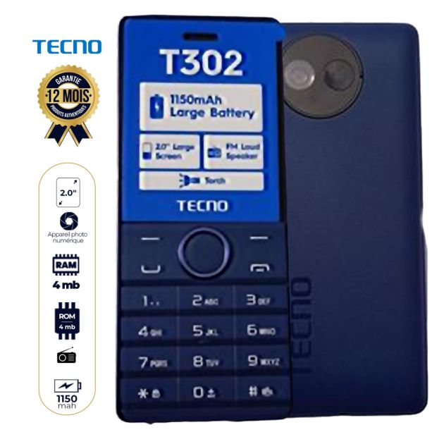 Téléphone portable Tecno T302 - 2" - 4 Mo/4 Mo RAM - 1150 mAh - Nano Sim - Garantie 12 Mois