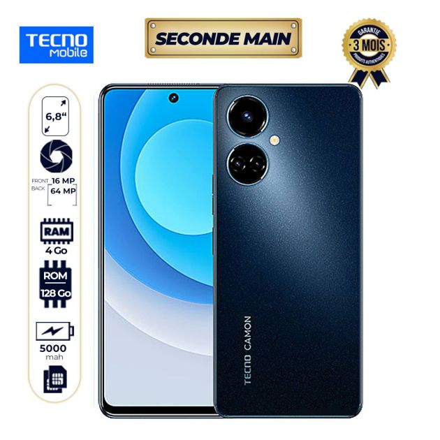 Tecno Camon 19 - Seconde Main - 128 Go/4Go RAM - 6.8" - Dual Nano SIM - 5000mAh - 64MP/16MP - Noir - Garantie 3 mois