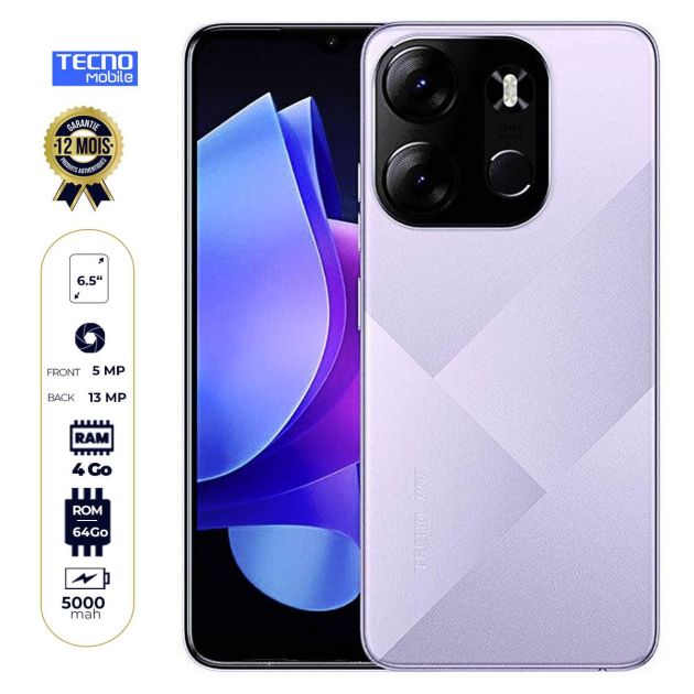 Tecno Pop 7 Pro 4G- (BF7) - 6.5" - 2 SIM - 64Go/4Go + 3 Go Ram - 13MP/5MP - Empreinte digitale - 5000 mAh - Garantie 12 Mois