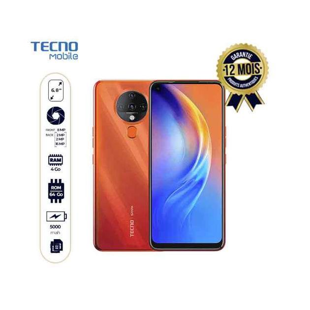 Tecno Spark 6 - 64Go Rom/4 Go Ram - 16MP+2MP+2MP /8MP - 6.8" -  5000mAh - 12 mois De Garantie