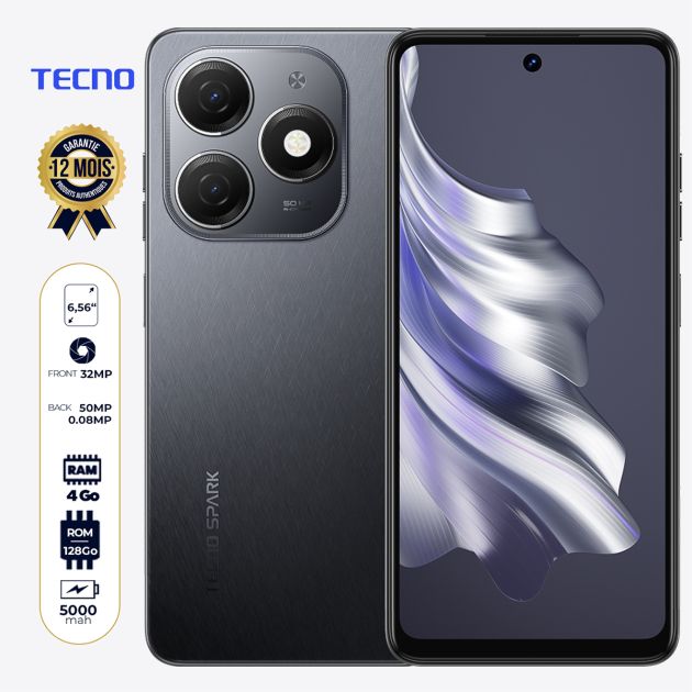 Tecno Spark 20 (kj5) - 128Go - 4Go RAM - 6.6" - 50MP/32MP - Dual Sim - 5000mAh - Garantie 12 mois + 30 Go de Data MTN gratuits