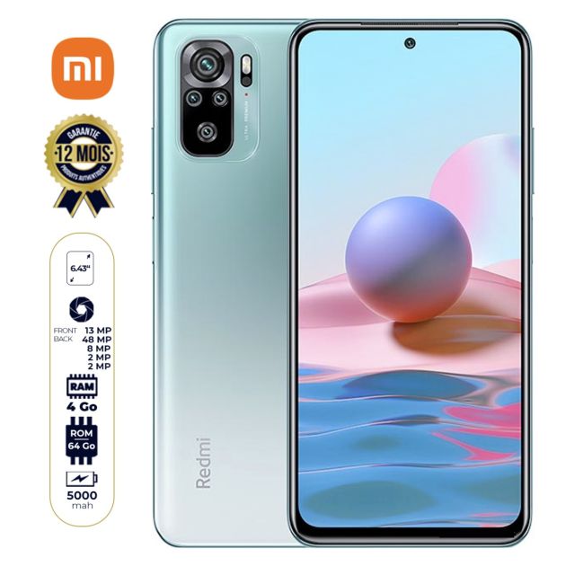 Xiaomi Redmi Note 10 - version Indiene - 6.43" - 64 Go/4Go RAM - 2 SIM - 48MP/13MP - 5000mAh - 12 mois de garantie