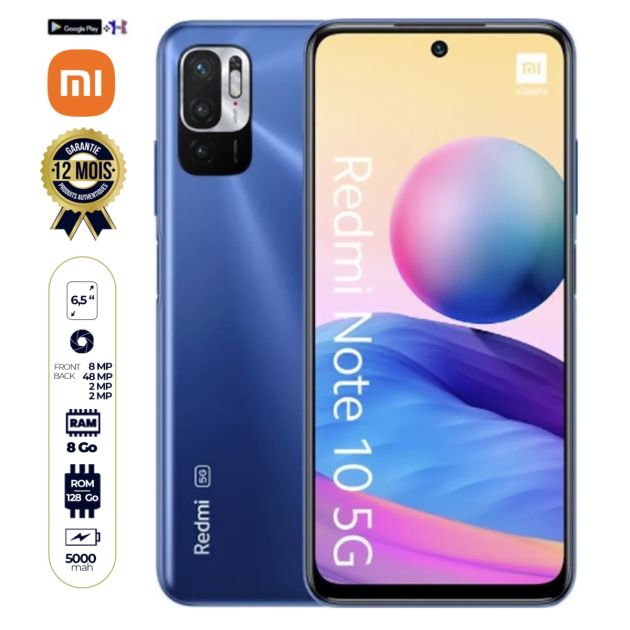 Xiaomi Redmi Note 10 - 5G - 128Go/8Go RAM - 6.5" - 2 SIM - 48 MP/8 MP - 5000mAh - Version Chinoise + Play store - 12 mois de garantie