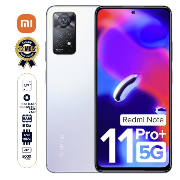 Xiaomi Redmi Note 11 Pro + 5G - 128 Go/8Go RAM -  6.67" - 2 Nano SIM - 108 MP/16 MP - 4500mAh - version India - 12 mois de garantie