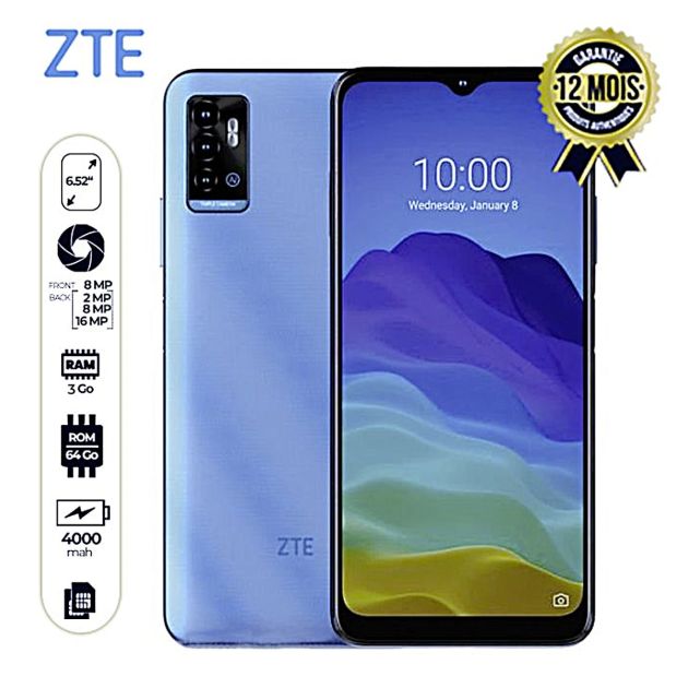 ZTE Blade A71 - 6.52" - 64Go/3Go RAM - 2 SIM - 16MP/8MP - 4000mAh - 12 mois de garantie